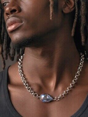 Men's Pearl 18K GP Necklace Celebrity Men's Designer Natural Black Pearl for Man